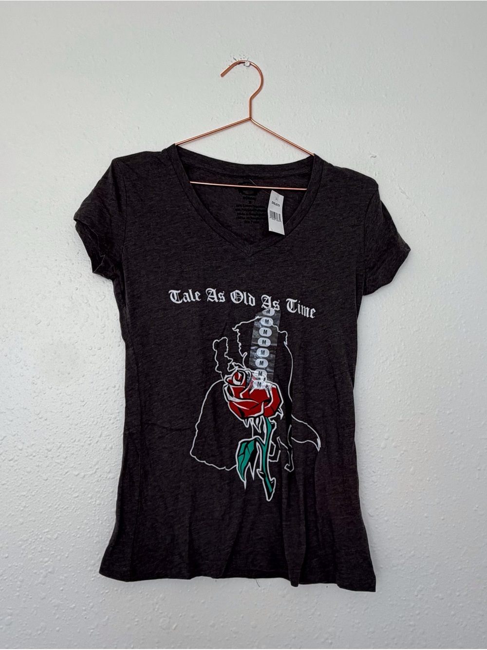 Disney Black VโNeck Tee with Red Rose Graphic